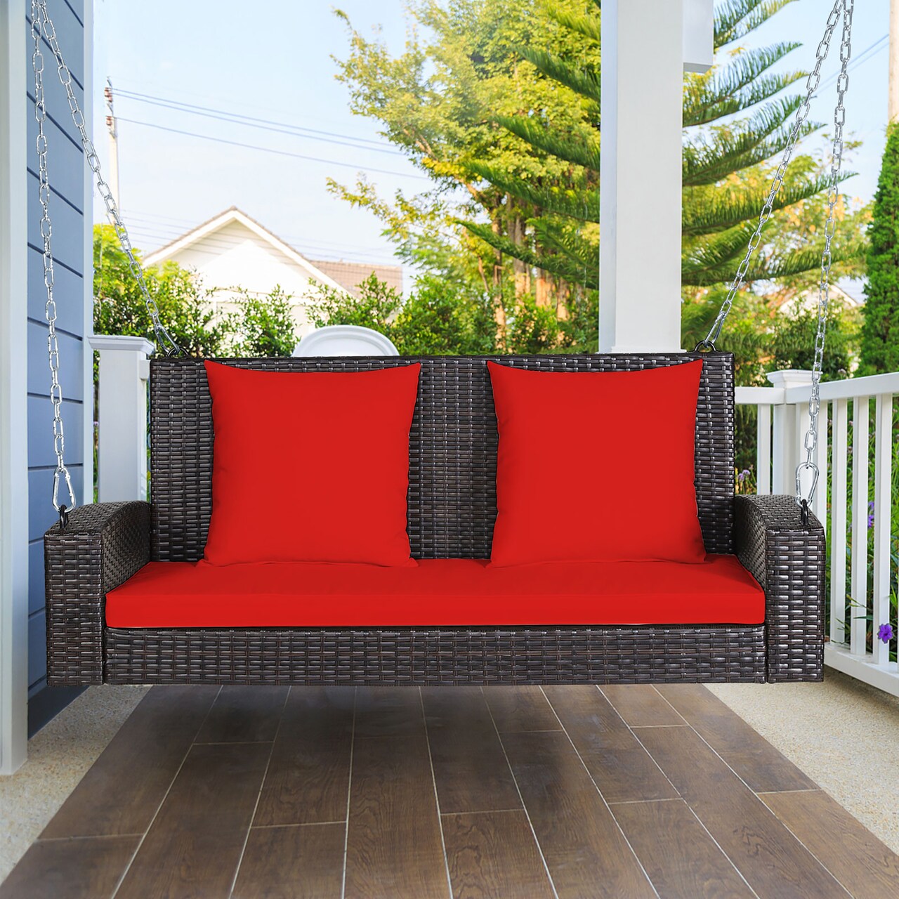 Costway 2-Person Patio Rattan Hanging Porch Swing Bench Chair Cushion Beige\Black\Red\Turquoise